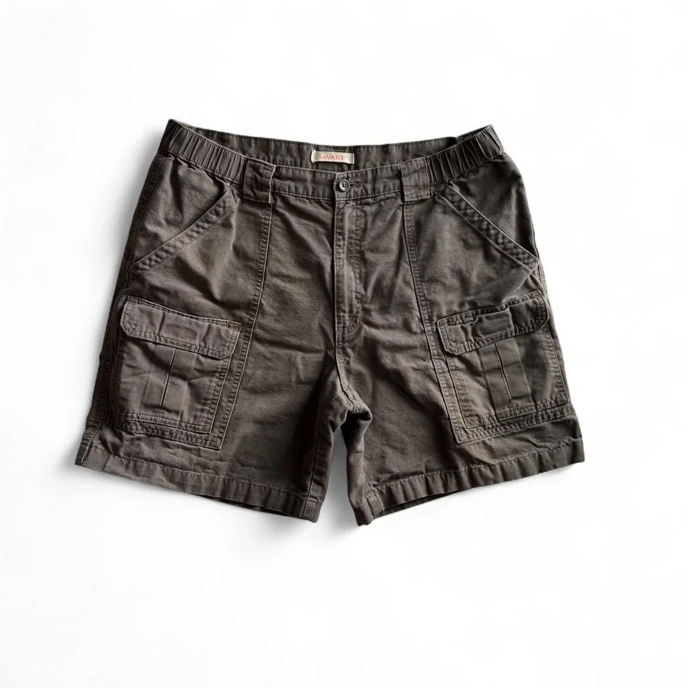 Savane Mens Cargo Shorts Brown Olive Utility Pockets Elastic Waist Size 36